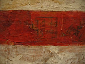 Detail of Flag (1954–55). Museum of Modern Art, New York City. This image illustrates Johns' early technique of painting with thick, dripping encaustic over a collage made from found materials such as newspaper. This rough method of construction is rarely visible in photographic reproductions of his work. Fair use, https://en.wikipedia.org/w/index.php?curid=3975993